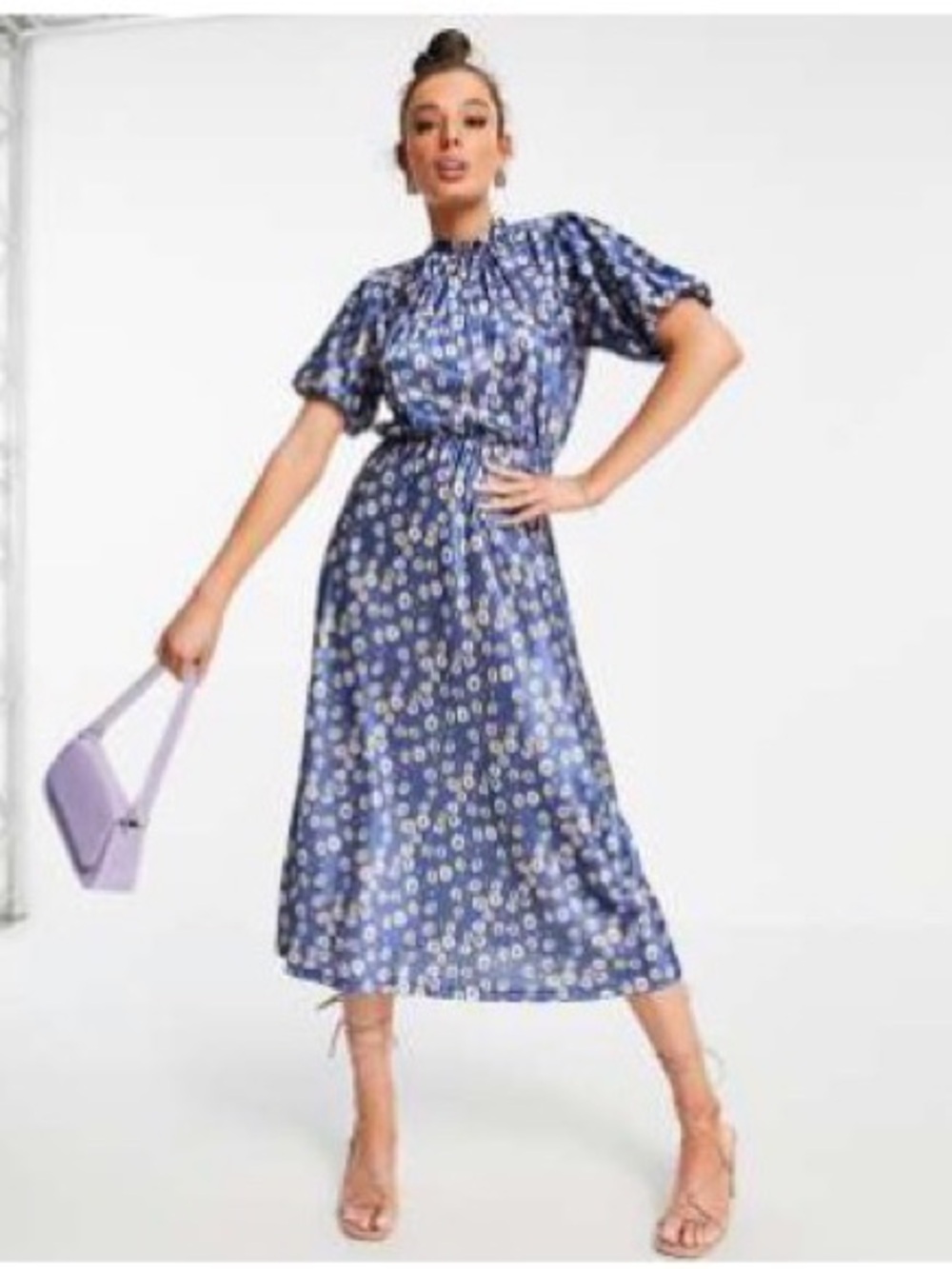 ASOS Blue Floral Midi Tea Dress with Pink and Cream Daisies